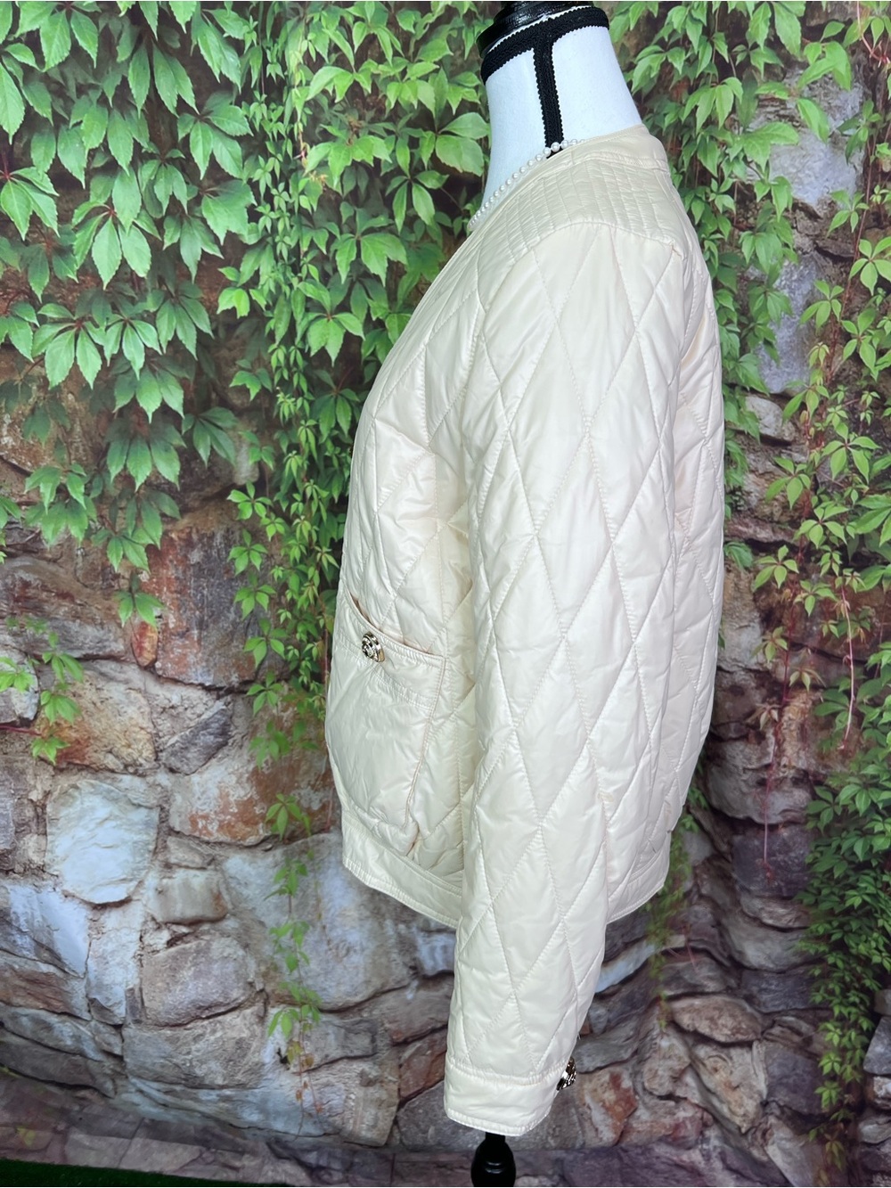 JOH Cream Quilted Quiet Luxury Old Money Quilted Button Front Bomber Jacket, S - Picture 6 of 14